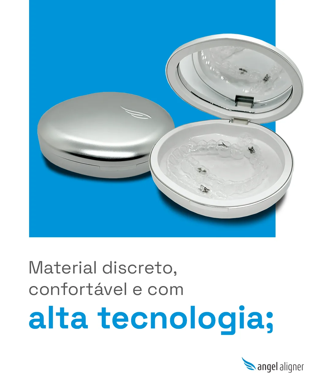 Estojos prateados da Angel Aligner, um deles aberto com os alinhadores transparentes, e o logo da marca