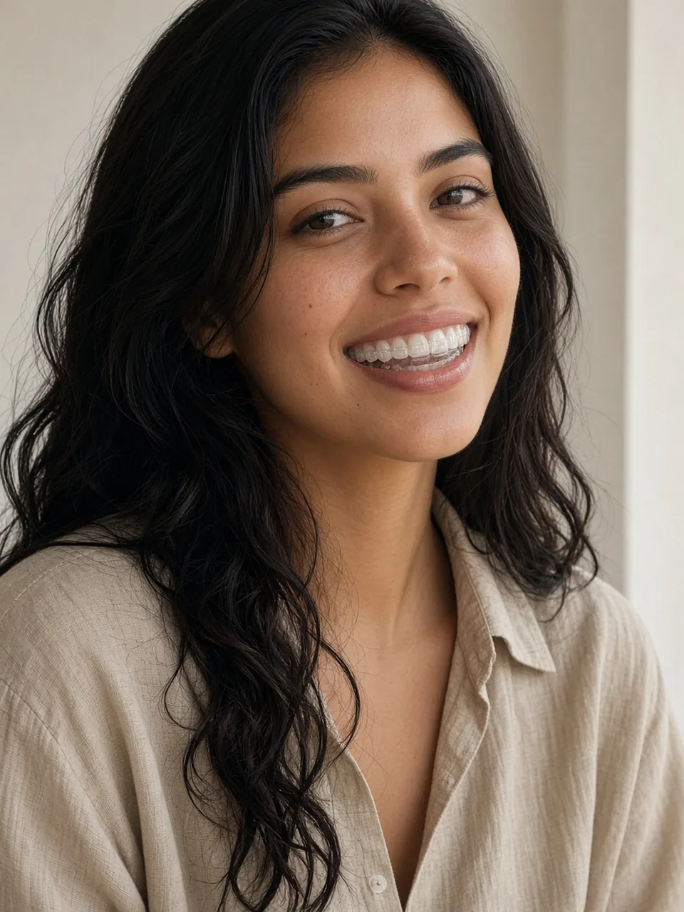 Retrato ilustrativo de uma mulher sorrindo com alinhadores transparentes
