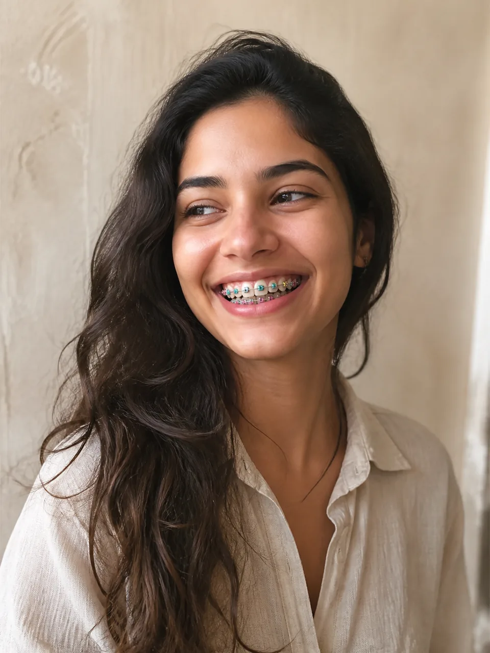 Retrato ilustrativo de uma mulher sorrindo com aparelho convencional de braquetes metálicos e borrachinhas coloridas