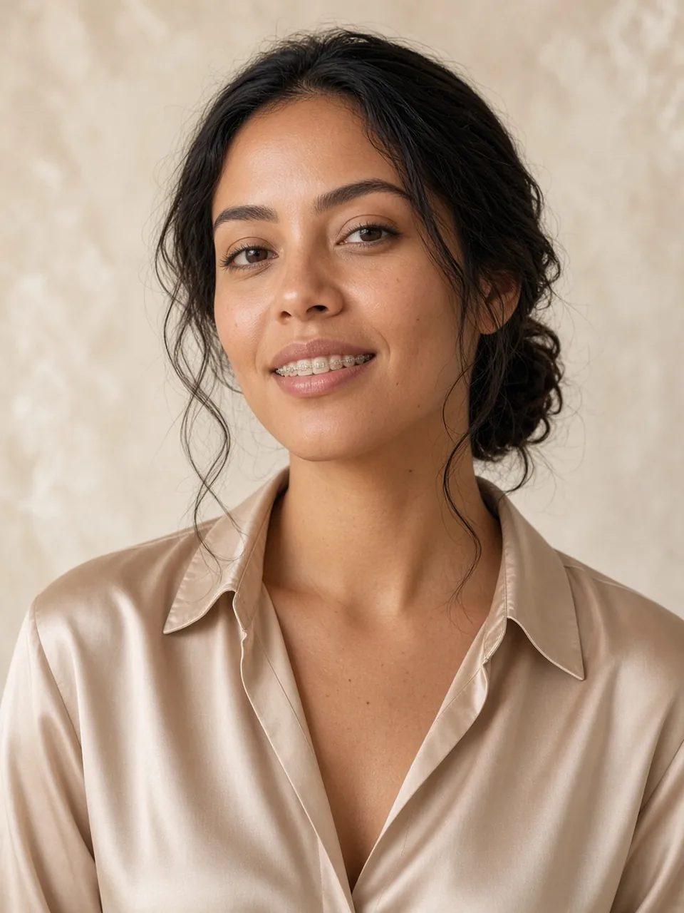 Retrato ilustrativo de uma mulher sorrindo com aparelho estético de braquetes na cor dos dentes